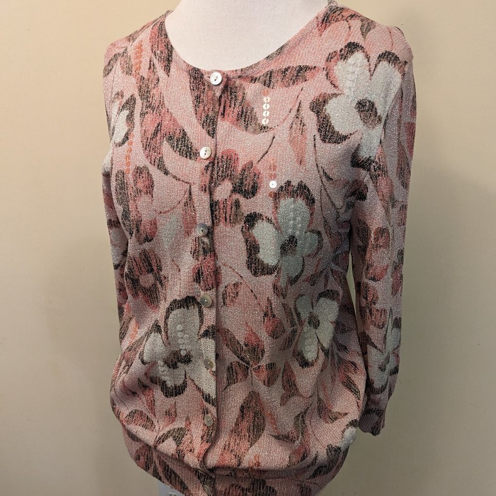 VINTAGE Alfred Dunner pink and gray lightweight cardigan - size Small